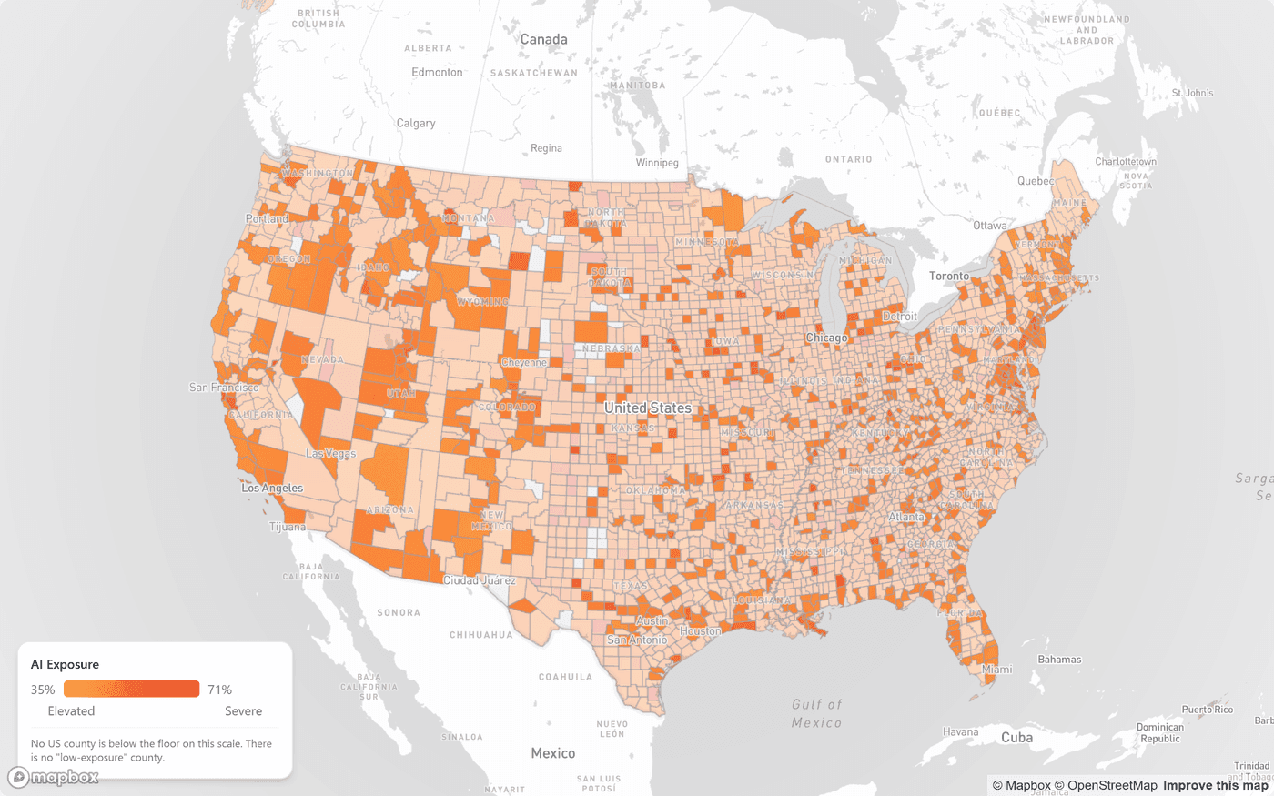The AWG workforce risk map: a county-level map of the United States shaded by observed AI exposure